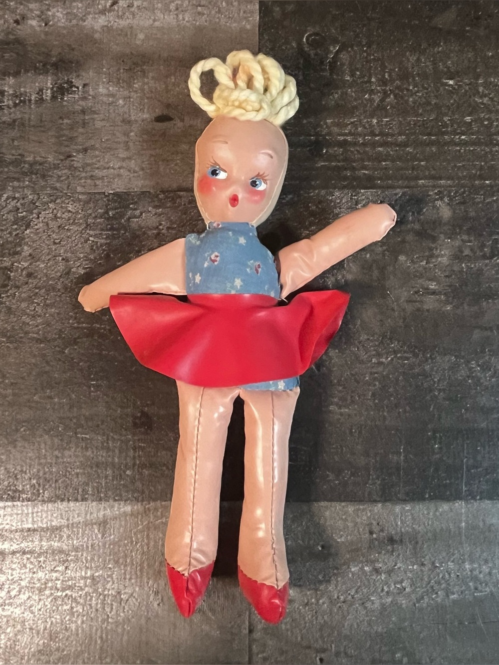Vintage 50s Vinyl 6” Doll With Hard Plastic Face, Red Tutu & Yarn Hair